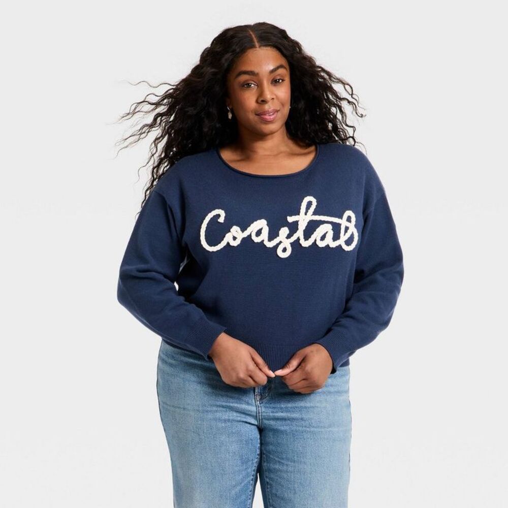 Women's Cozy Wide Crewneck Love Pullover Sweater - Navy Blue XXL